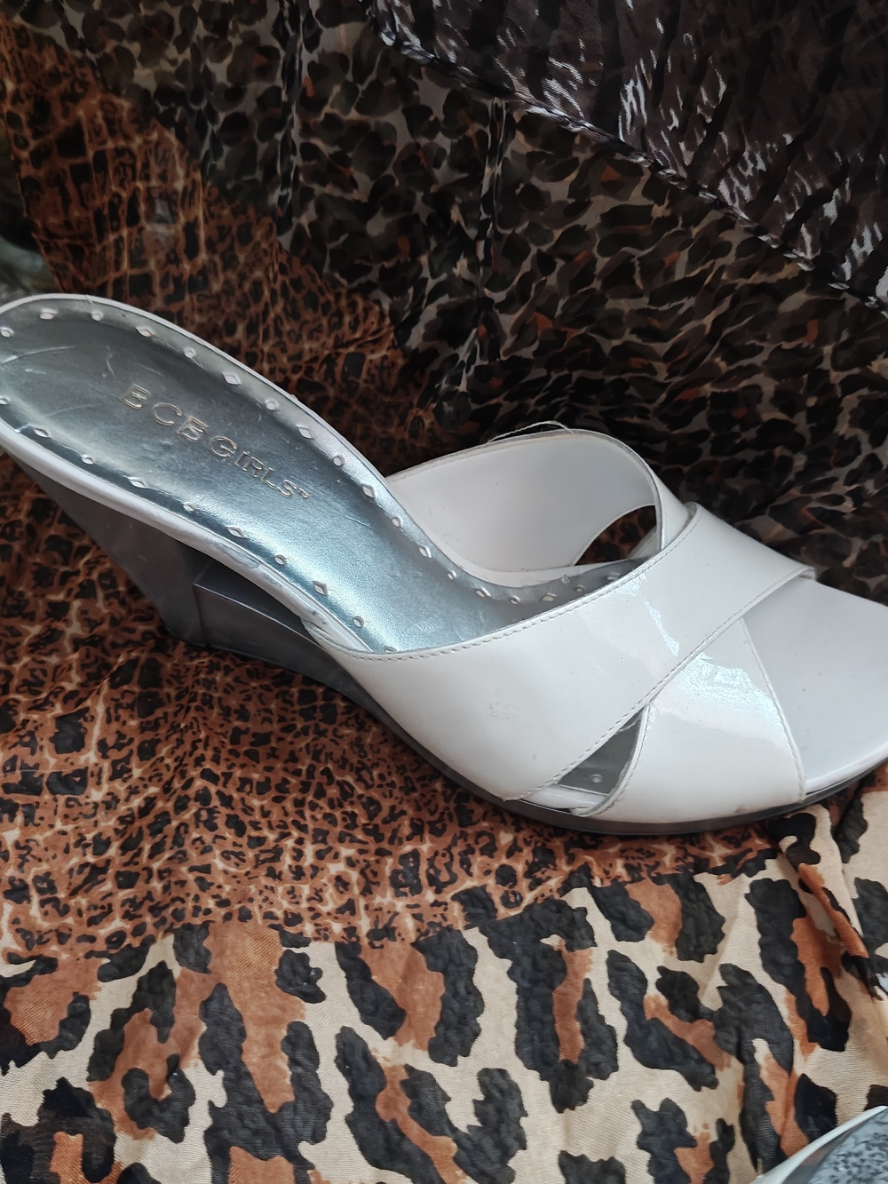 BCBGirls White Patent Slide Sandals